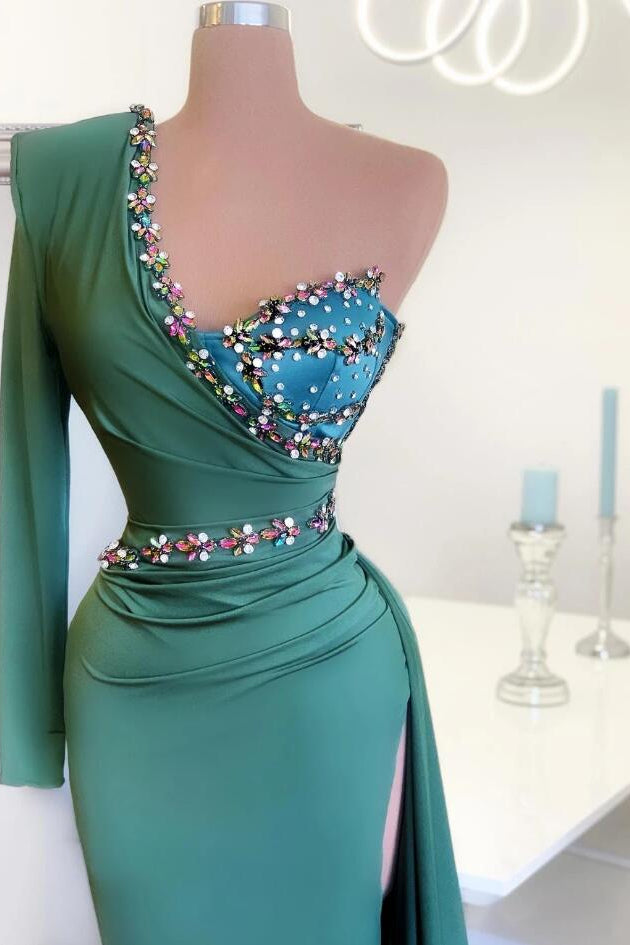 Green Beaded One Shoulder Long Sleeves High Side Slit Prom Dress-BallBride