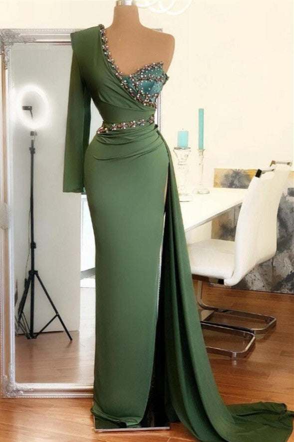 Green Beaded One Shoulder Long Sleeves High Side Slit Prom Dress-BallBride