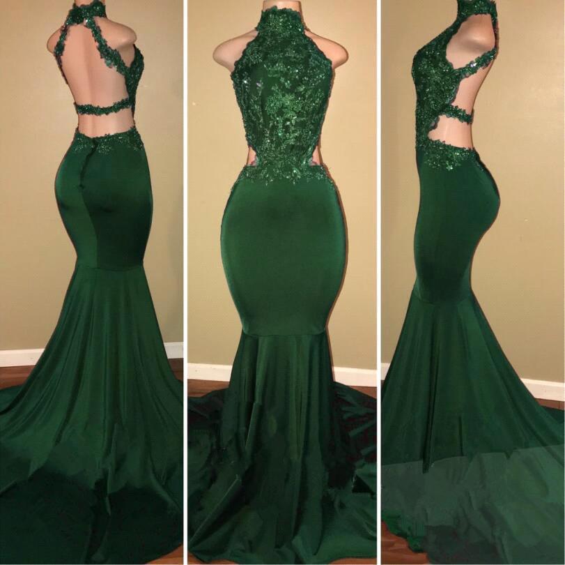 Green High Neck Mermaid Prom Dress with Lace Appliques-BallBride