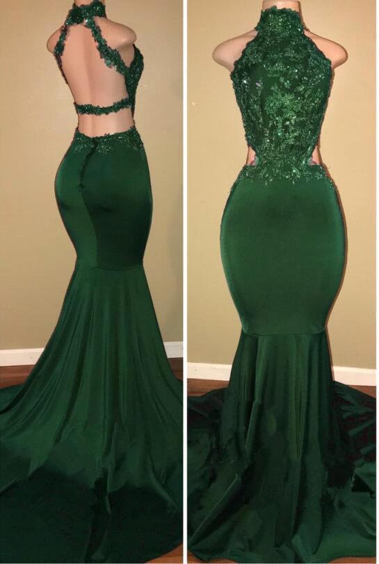 Green High Neck Mermaid Prom Dress with Lace Appliques-BallBride