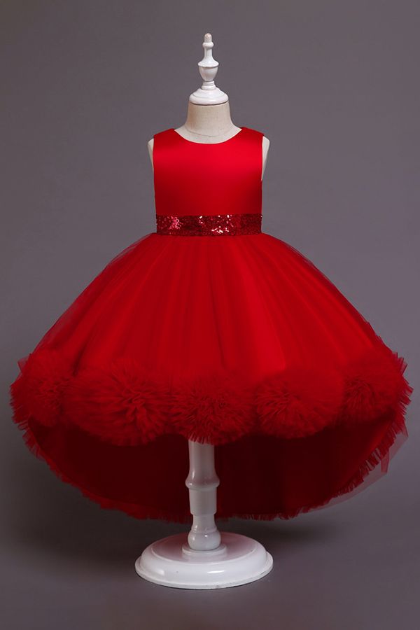 Green Jewel Hi-Lo Flower Girl Dress with Appliques-BallBride