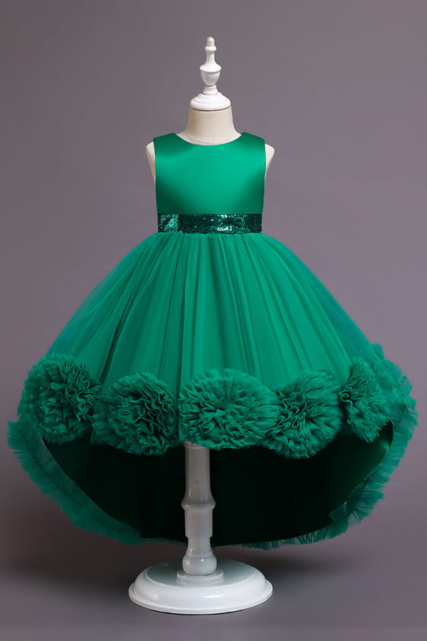 Green Jewel Hi-Lo Flower Girl Dress with Appliques-BallBride