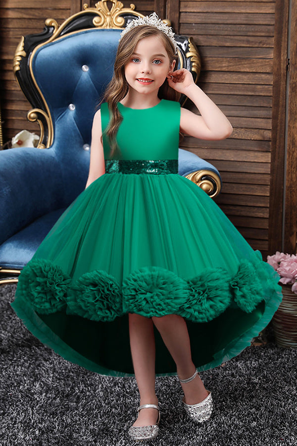 Green Jewel Hi-Lo Flower Girl Dress with Appliques-BallBride