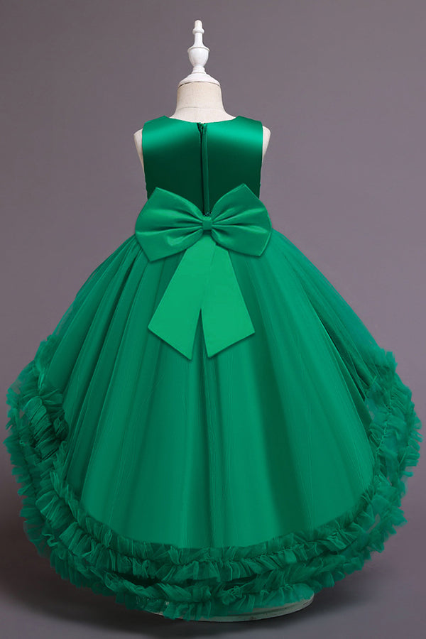 Green Jewel Hi-Lo Flower Girl Dress with Appliques-BallBride