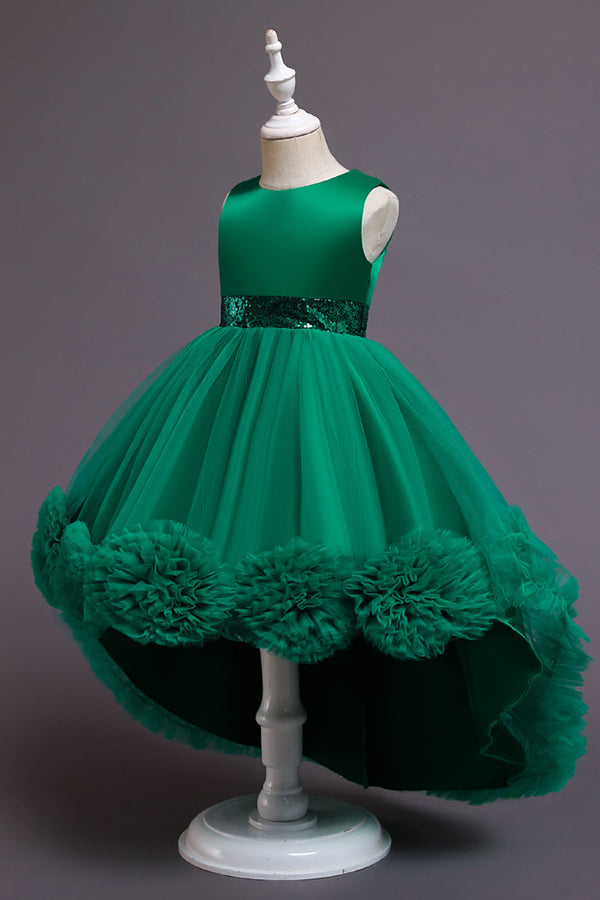 Green Jewel Hi-Lo Flower Girl Dress with Appliques-BallBride