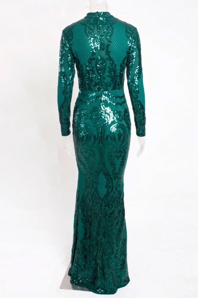 Stunning Long Sleeves Dark Green Mermaid Evening Dress Split With Sequins