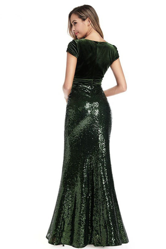 Green Velvet Mermaid Prom Dresses with Short Sleeves-BallBride