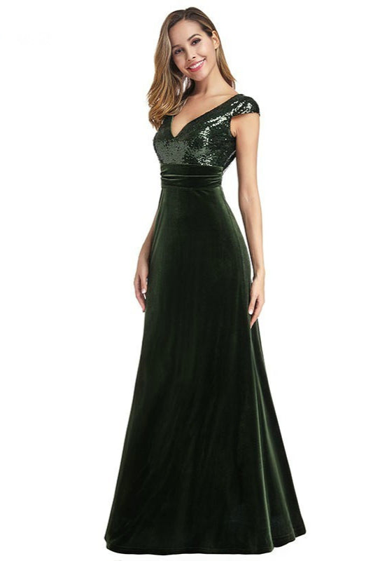 Green Velvet Mermaid Prom Dresses with Short Sleeves-BallBride