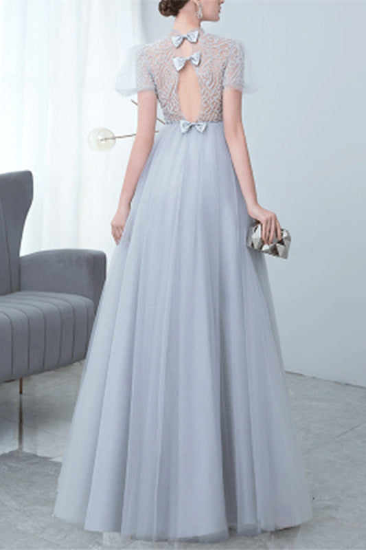 Grey Tulle Evening Dress with Bowknot and High Collar Appliques-BallBride