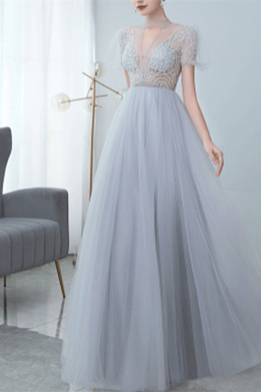 Grey Tulle Evening Dress with Bowknot and High Collar Appliques-BallBride