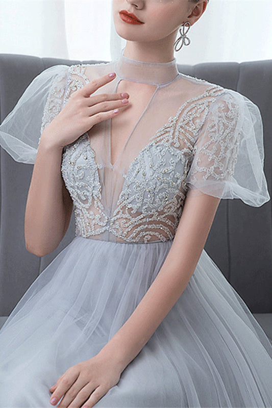 Grey Tulle Evening Dress with Bowknot and High Collar Appliques-BallBride