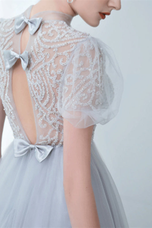 Grey Tulle Evening Dress with Bowknot and High Collar Appliques-BallBride
