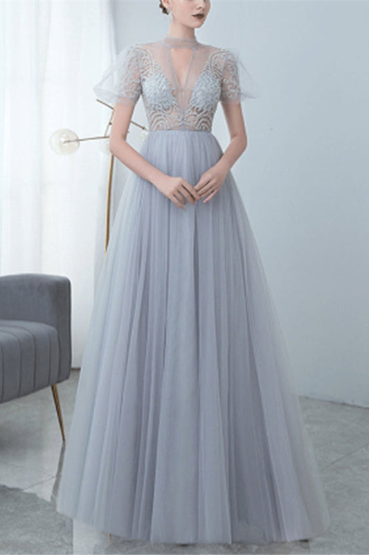 Grey Tulle Evening Dress with Bowknot and High Collar Appliques-BallBride