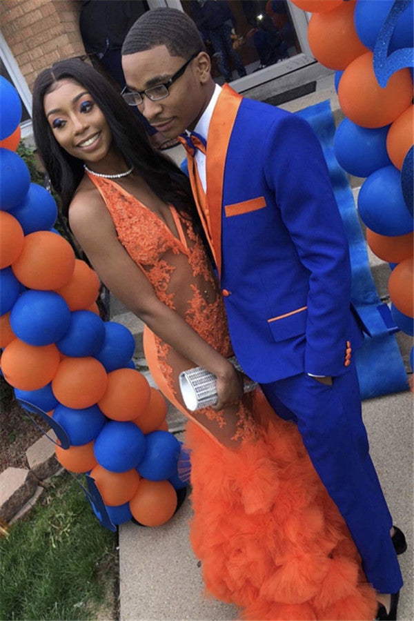 Groom in Style - Handsome Royal Blue Beach Suits for Prom With Orange Lapel-BallBride