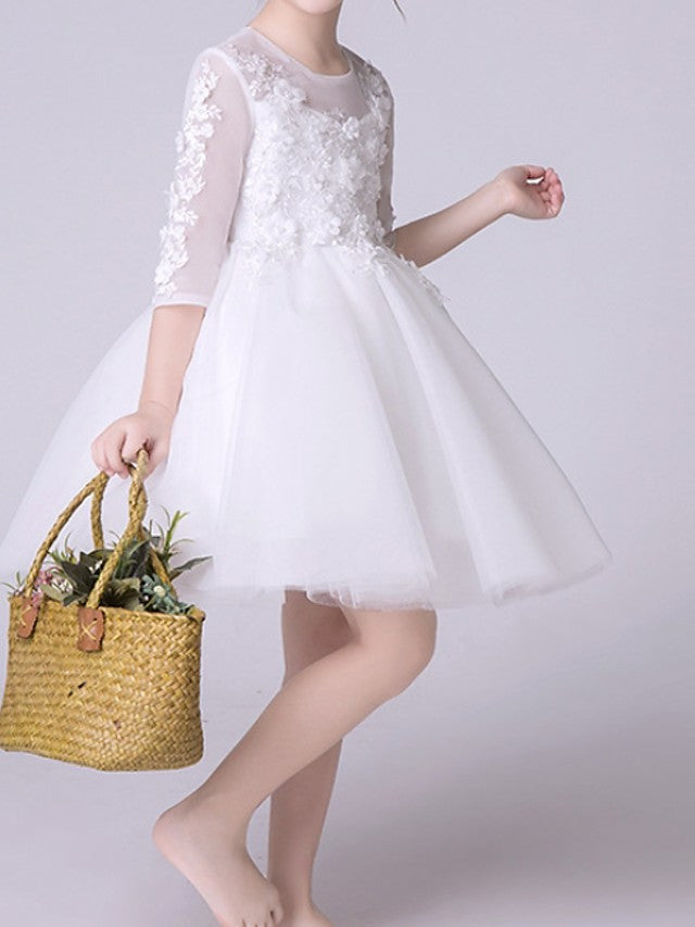 Half Sleeve Jewel Neck Knee Length Flower Girl Dress With Appliques-BallBride