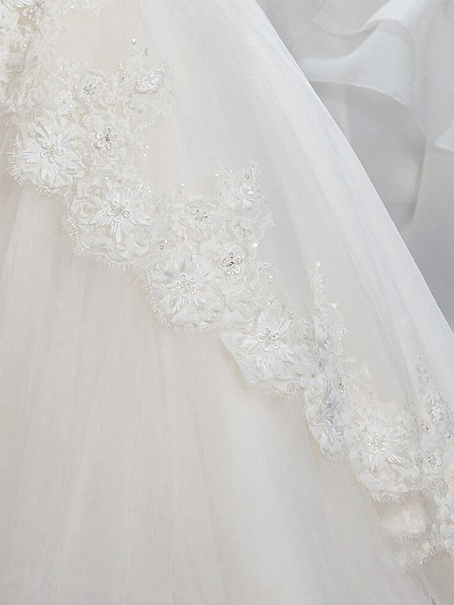 Half Sleeve Lace Ball Gown Flower Girl Dresses with Tulle and Appliques Buttons-BallBride