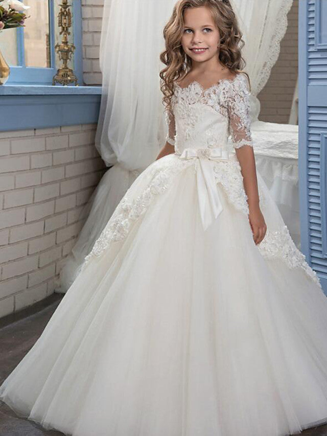 Half Sleeve Lace Ball Gown Flower Girl Dresses with Tulle and Appliques Buttons-BallBride