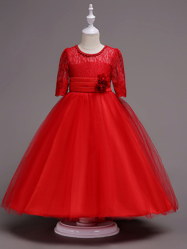 Half Sleeve Lace Jewel Neck Flower Girl Dresses with Satin Tulle Belt and Beading-BallBride