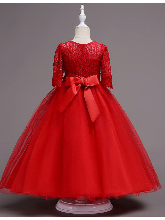 Half Sleeve Lace Jewel Neck Flower Girl Dresses with Satin Tulle Belt and Beading-BallBride