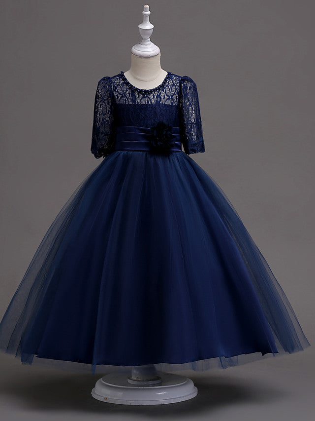 Half Sleeve Lace Jewel Neck Flower Girl Dresses with Satin Tulle Belt and Beading-BallBride