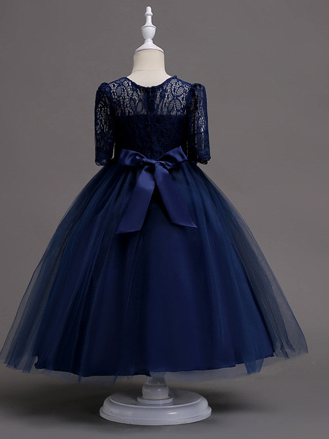 Half Sleeve Lace Jewel Neck Flower Girl Dresses with Satin Tulle Belt and Beading-BallBride