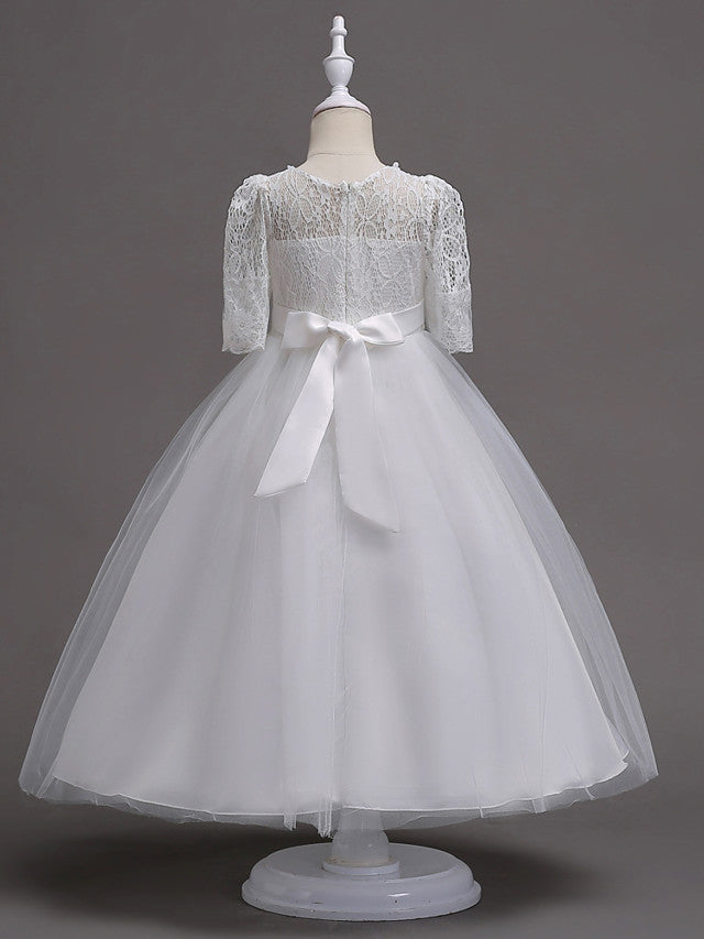 Half Sleeve Lace Jewel Neck Flower Girl Dresses with Satin Tulle Belt and Beading-BallBride