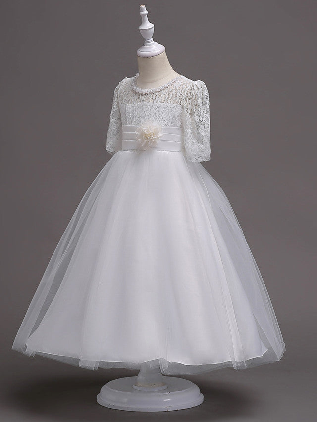 Half Sleeve Lace Jewel Neck Flower Girl Dresses with Satin Tulle Belt and Beading-BallBride