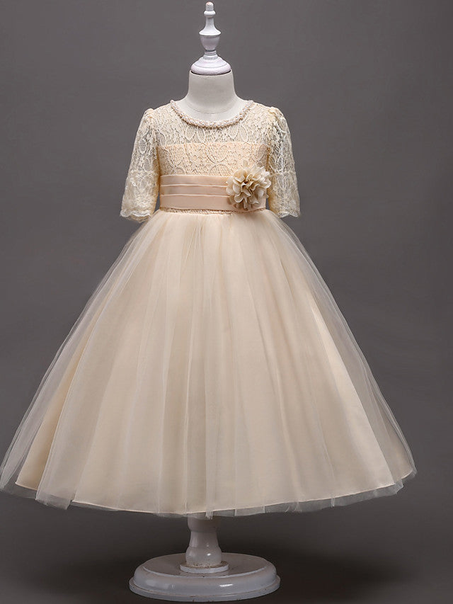 Half Sleeve Lace Jewel Neck Flower Girl Dresses with Satin Tulle Belt and Beading-BallBride