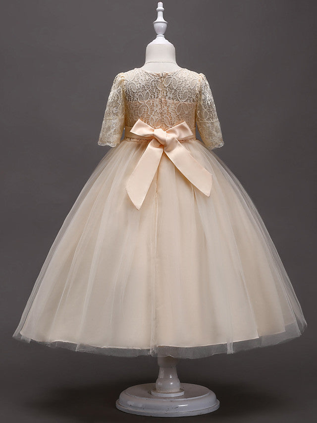 Half Sleeve Lace Jewel Neck Flower Girl Dresses with Satin Tulle Belt and Beading-BallBride