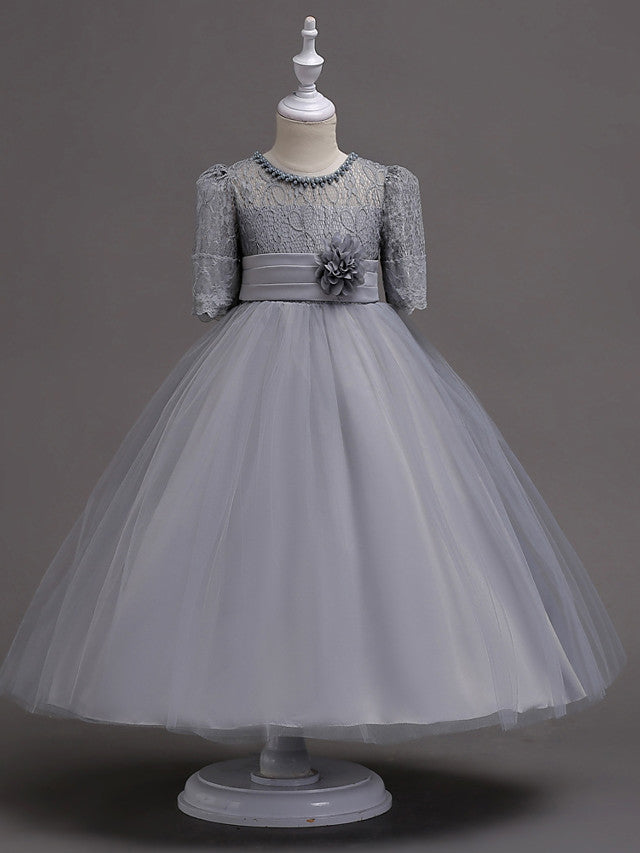Half Sleeve Lace Jewel Neck Flower Girl Dresses with Satin Tulle Belt and Beading-BallBride