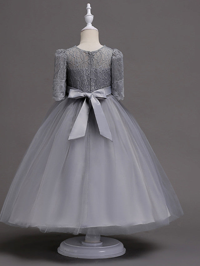 Half Sleeve Lace Jewel Neck Flower Girl Dresses with Satin Tulle Belt and Beading-BallBride