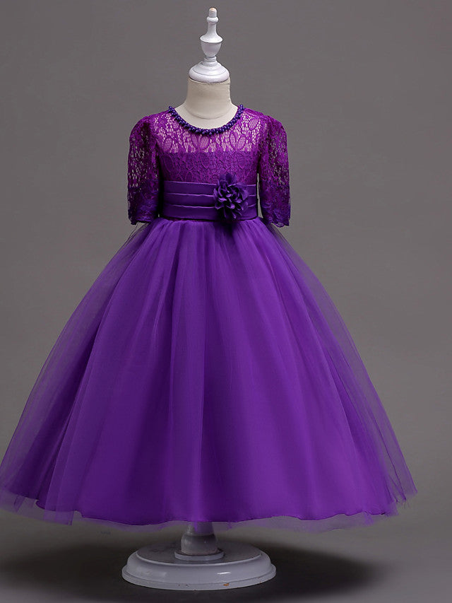 Half Sleeve Lace Jewel Neck Flower Girl Dresses with Satin Tulle Belt and Beading-BallBride