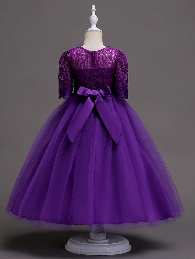 Half Sleeve Lace Jewel Neck Flower Girl Dresses with Satin Tulle Belt and Beading-BallBride