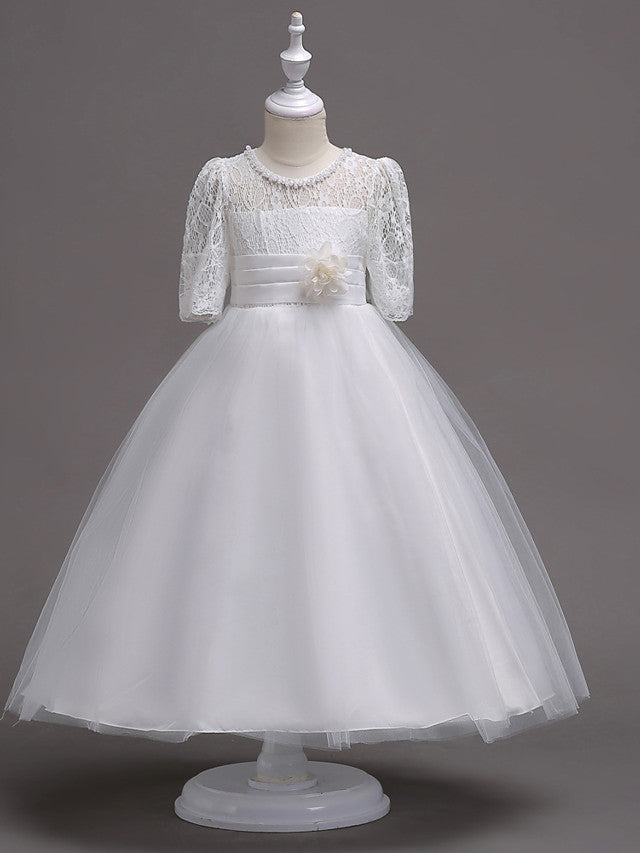 Half Sleeve Lace Jewel Neck Flower Girl Dresses with Satin Tulle Belt and Beading-BallBride