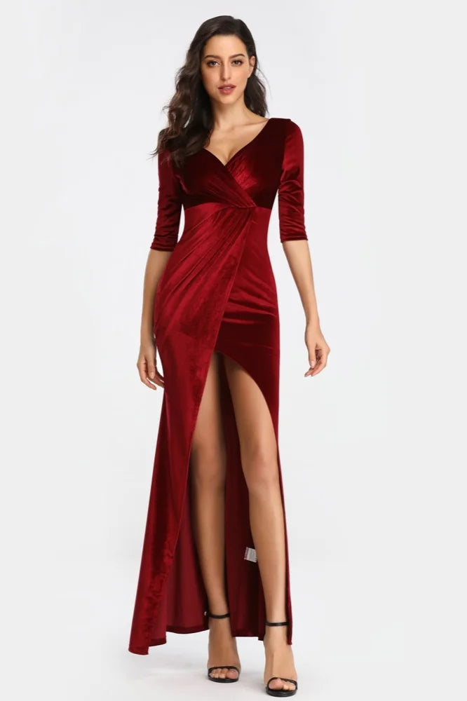 Half Sleeve Velvet Prom Dresses Long Split Evening Gowns-BallBride