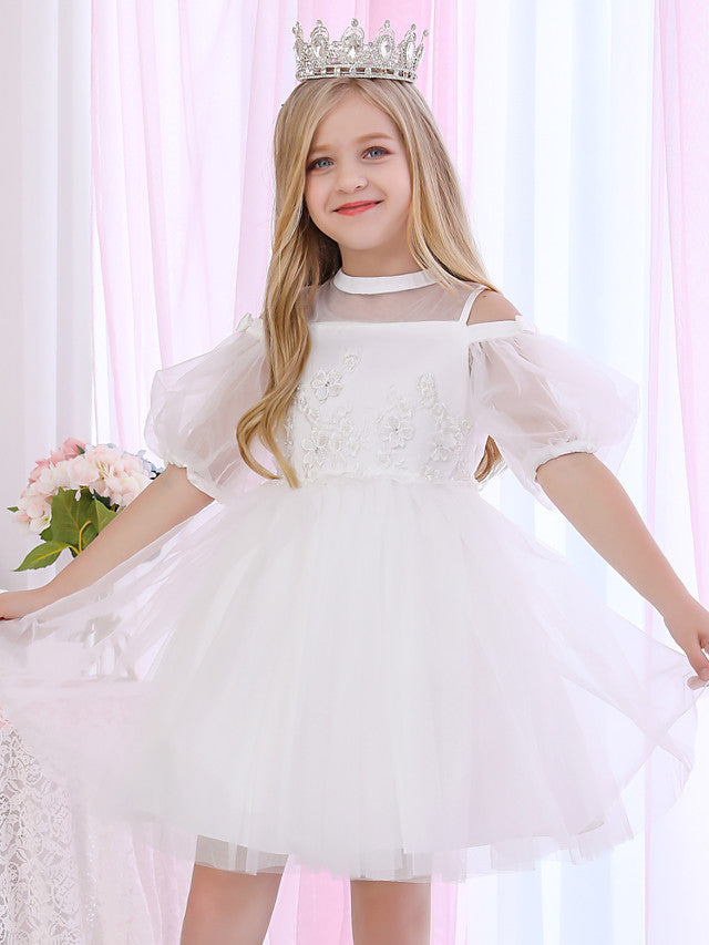 Halter Neck 3/4 Length Sleeve Satin Ball Gown with Beadings and Appliques for Flower Girl-BallBride