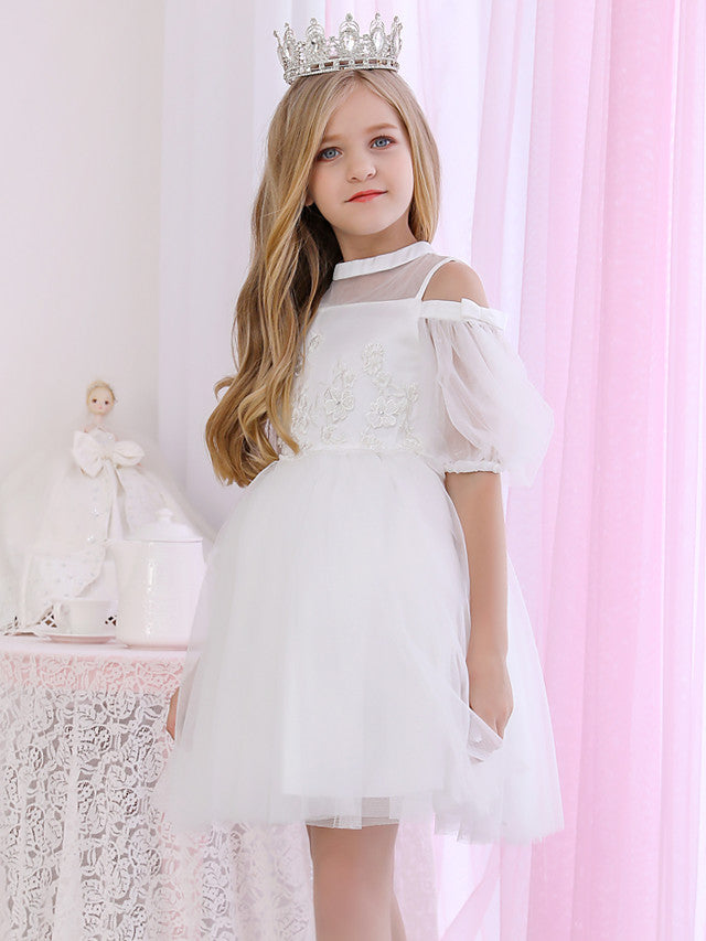 Halter Neck 3/4 Length Sleeve Satin Ball Gown with Beadings and Appliques for Flower Girl-BallBride