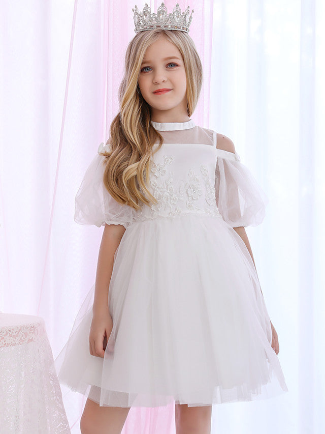Halter Neck 3/4 Length Sleeve Satin Ball Gown with Beadings and Appliques for Flower Girl-BallBride