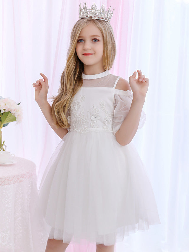 Halter Neck 3/4 Length Sleeve Satin Ball Gown with Beadings and Appliques for Flower Girl-BallBride