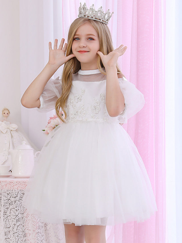 Halter Neck 3/4 Length Sleeve Satin Ball Gown with Beadings and Appliques for Flower Girl-BallBride