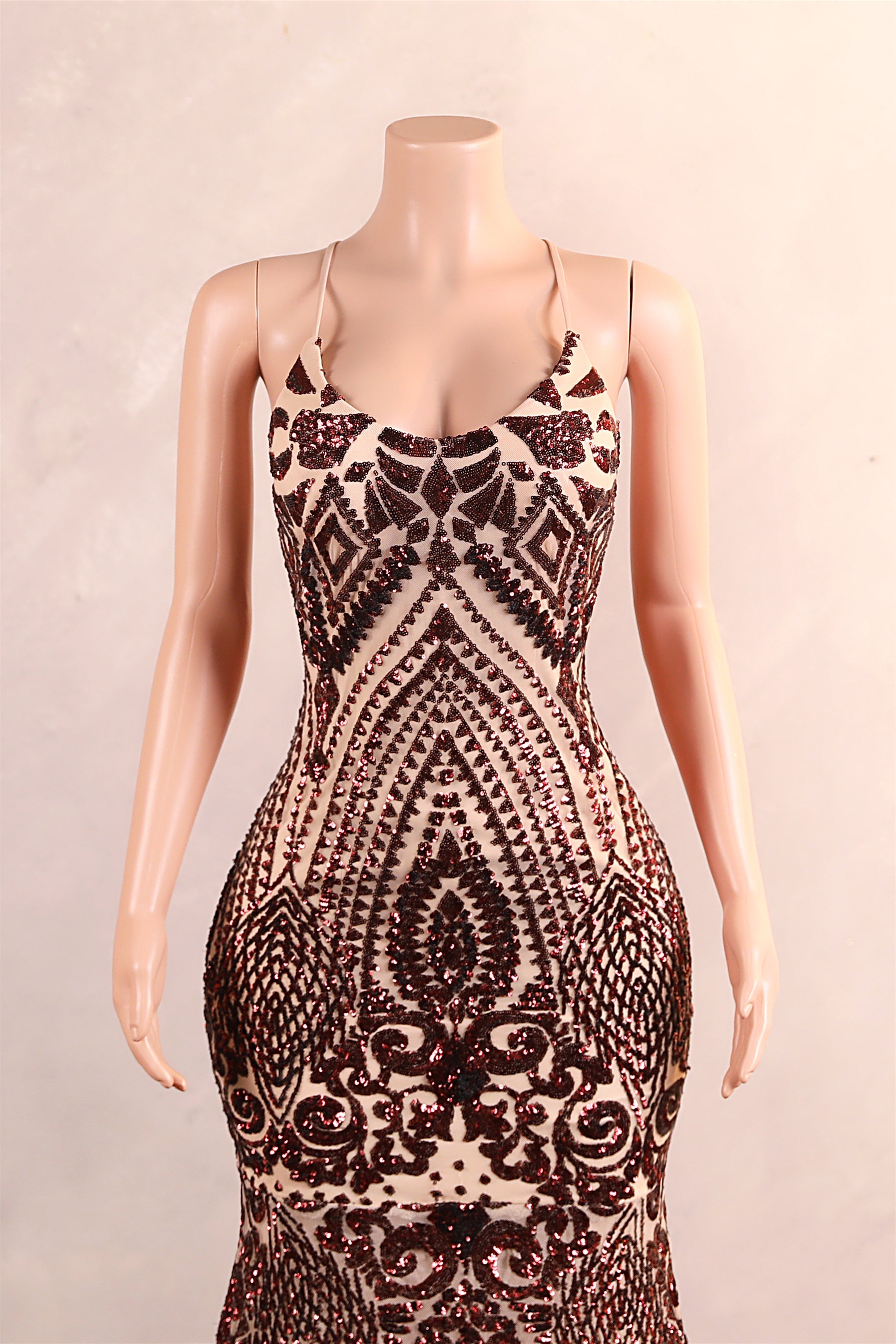 Halter Sequined Sparkle Burgundy Feathers Mermaid Prom Dresses-BallBride