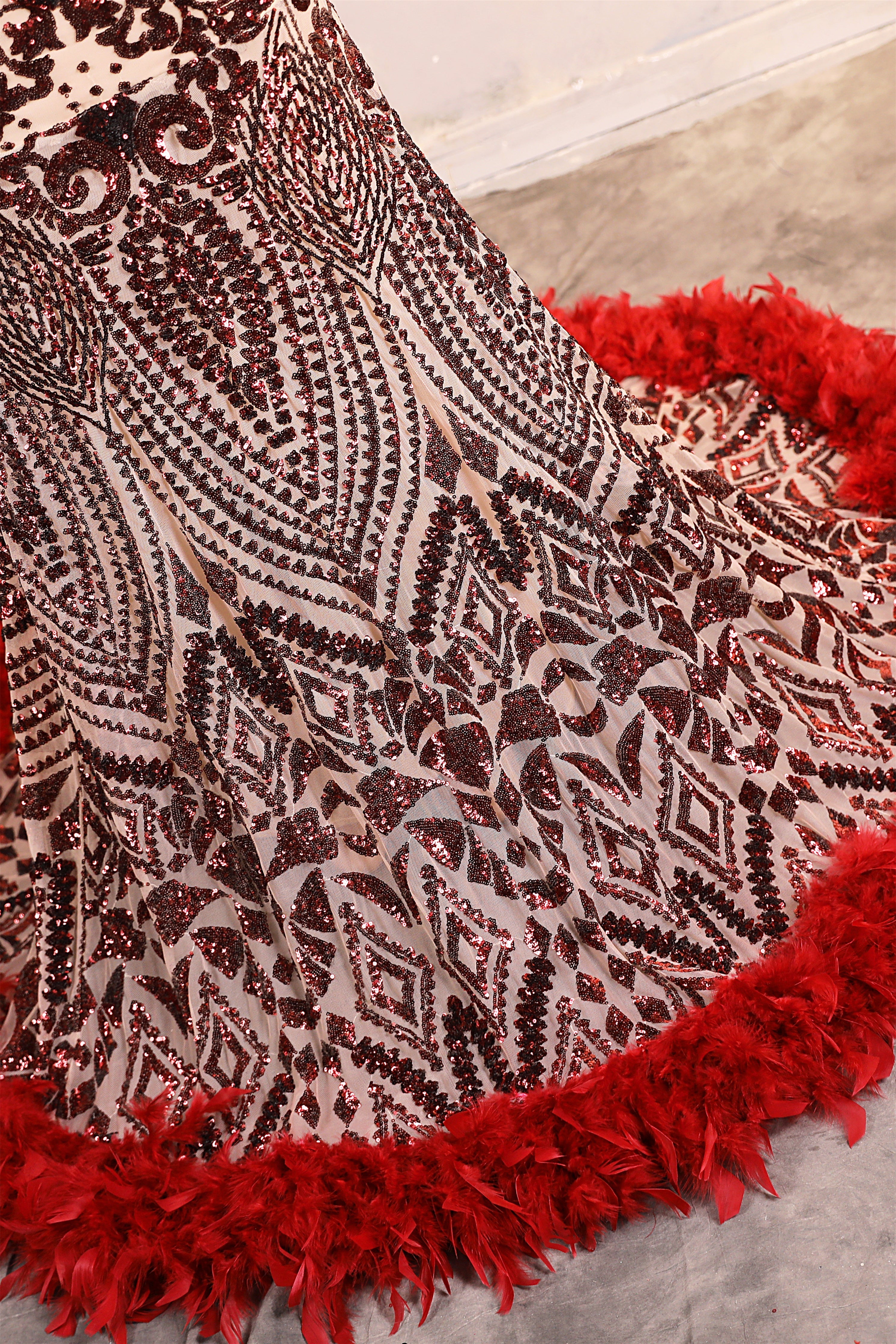 Halter Sequined Sparkle Burgundy Feathers Mermaid Prom Dresses-BallBride