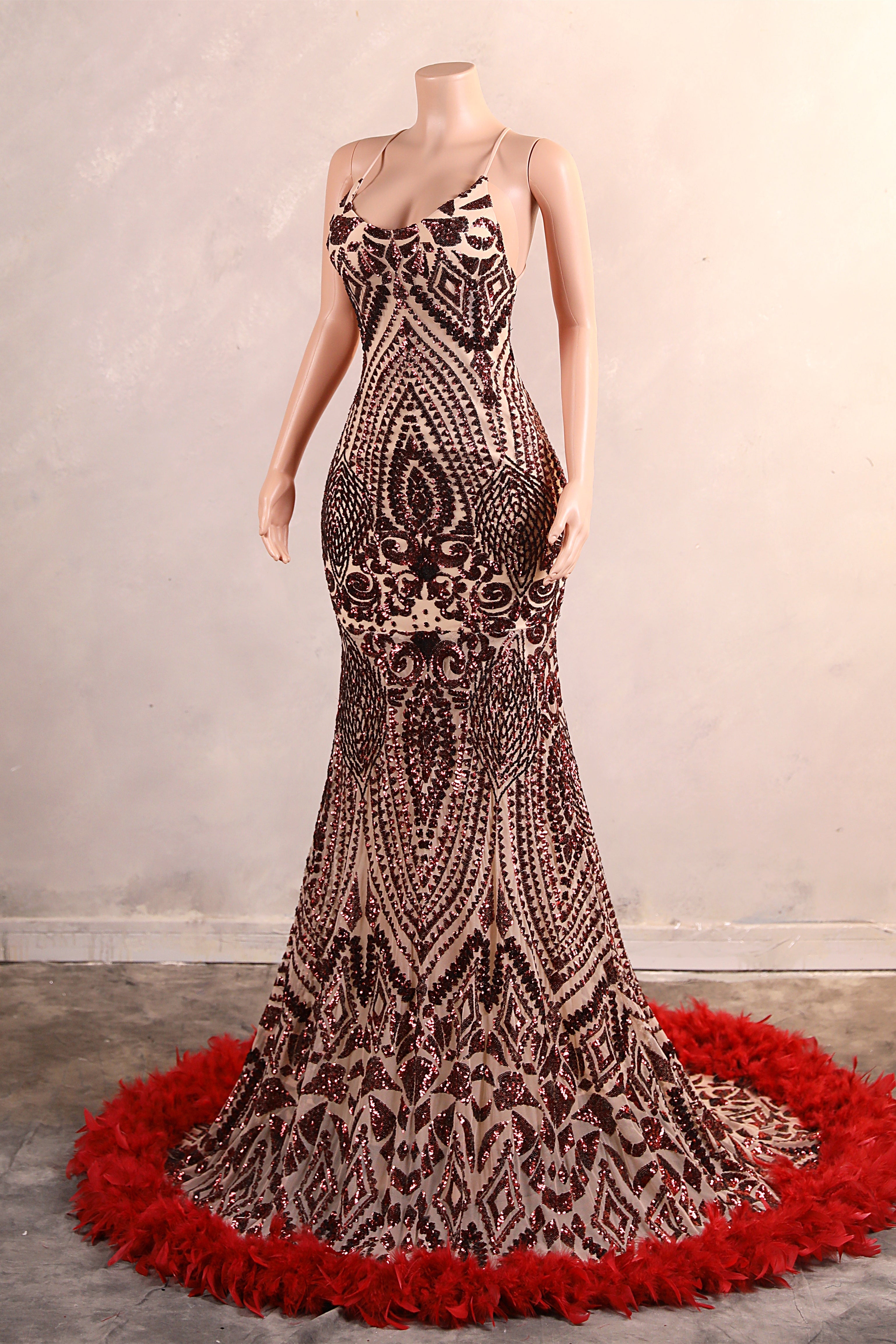 Halter Sequined Sparkle Burgundy Feathers Mermaid Prom Dresses-BallBride