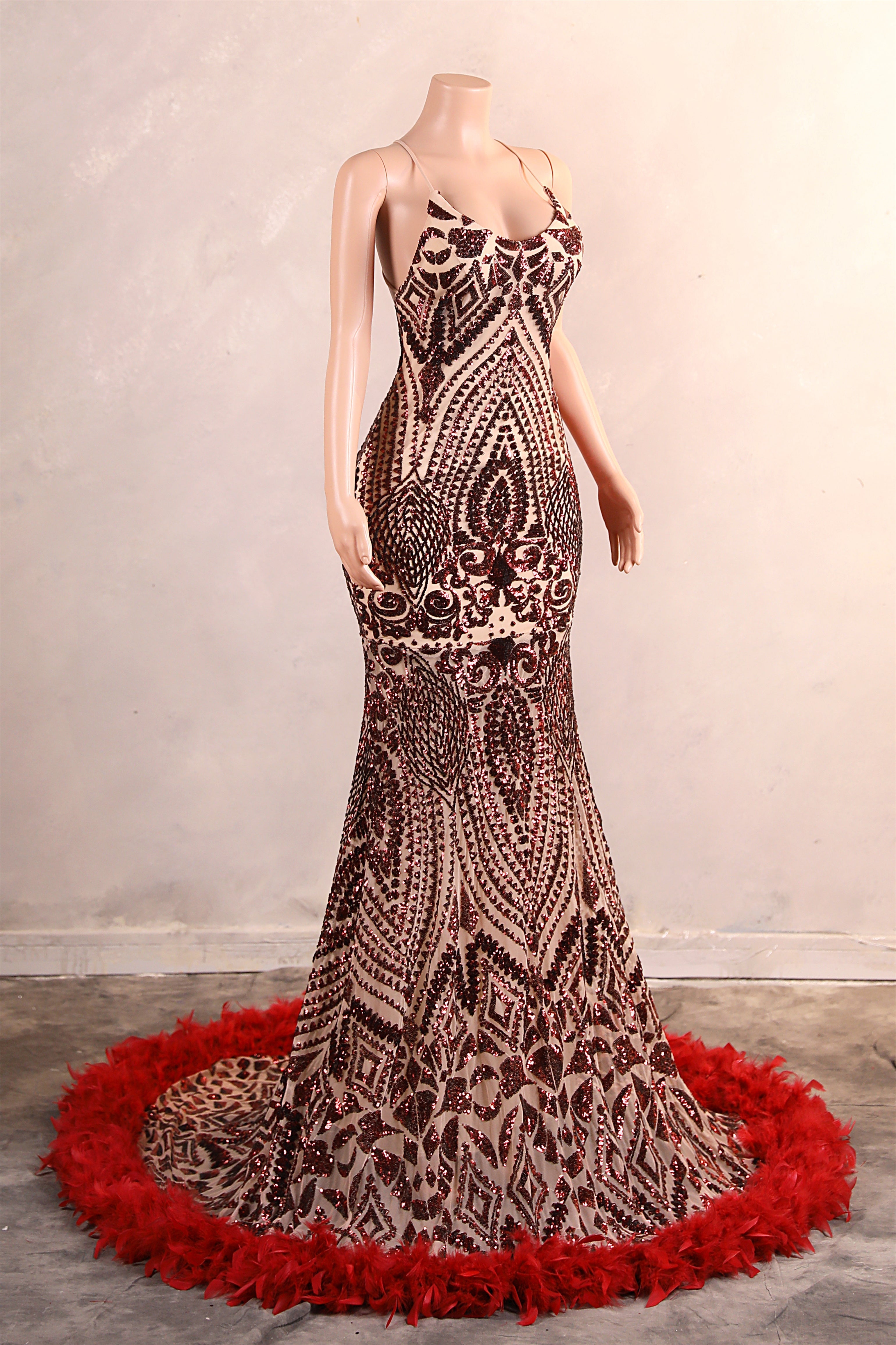 Halter Sequined Sparkle Burgundy Feathers Mermaid Prom Dresses-BallBride