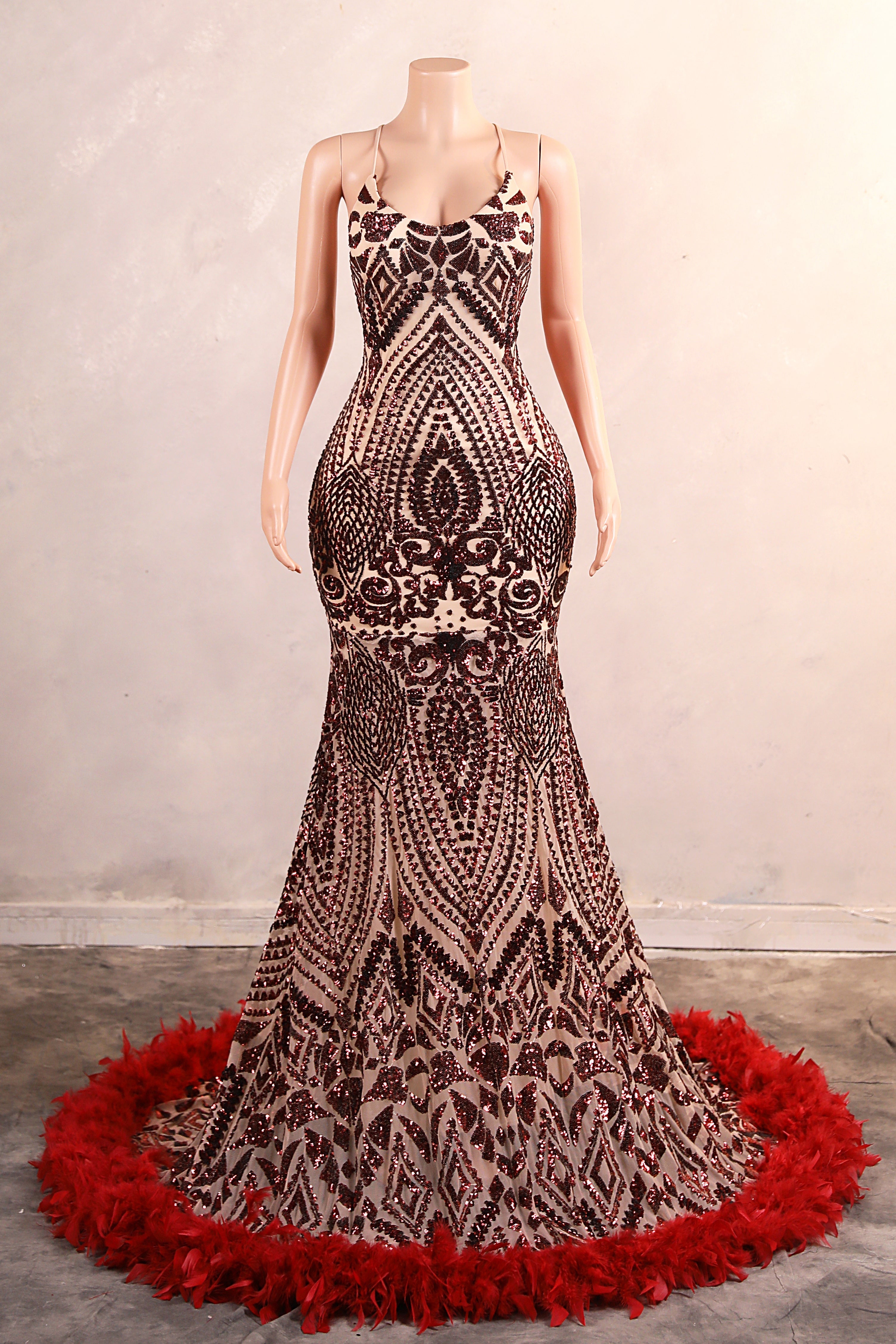 Halter Sequined Sparkle Burgundy Feathers Mermaid Prom Dresses-BallBride