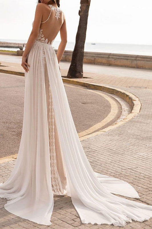 Halter Sleeveless Lace Wedding Dress-BallBride