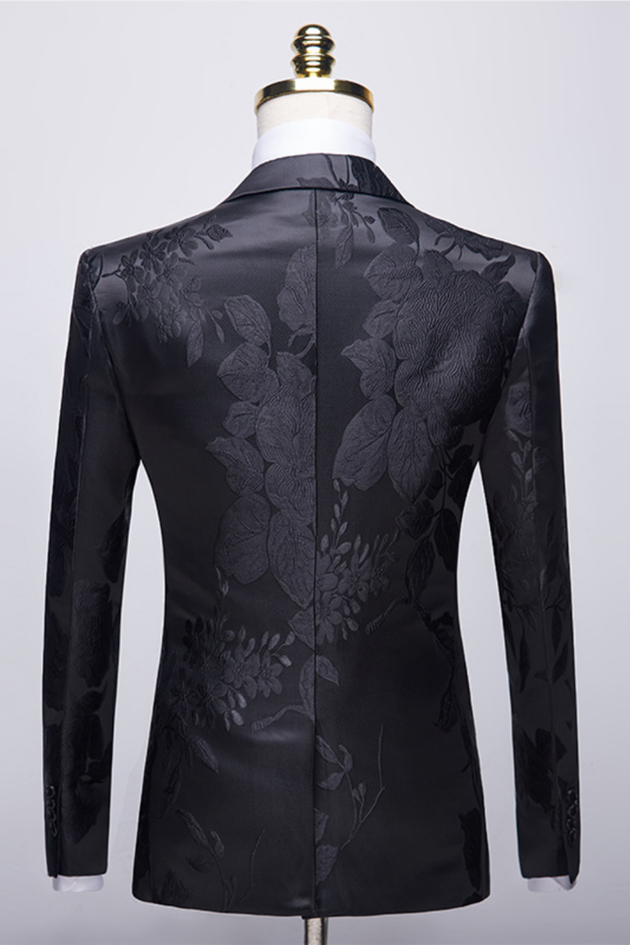 Handsome Black Notched Lapel Two Button Floral Jacquard Men's Suit-BallBride