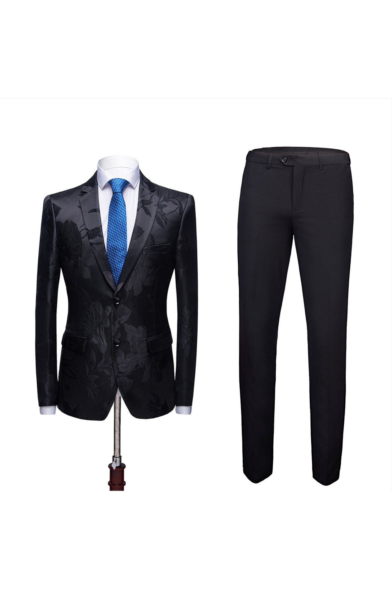 Handsome Black Notched Lapel Two Button Floral Jacquard Men's Suit-BallBride