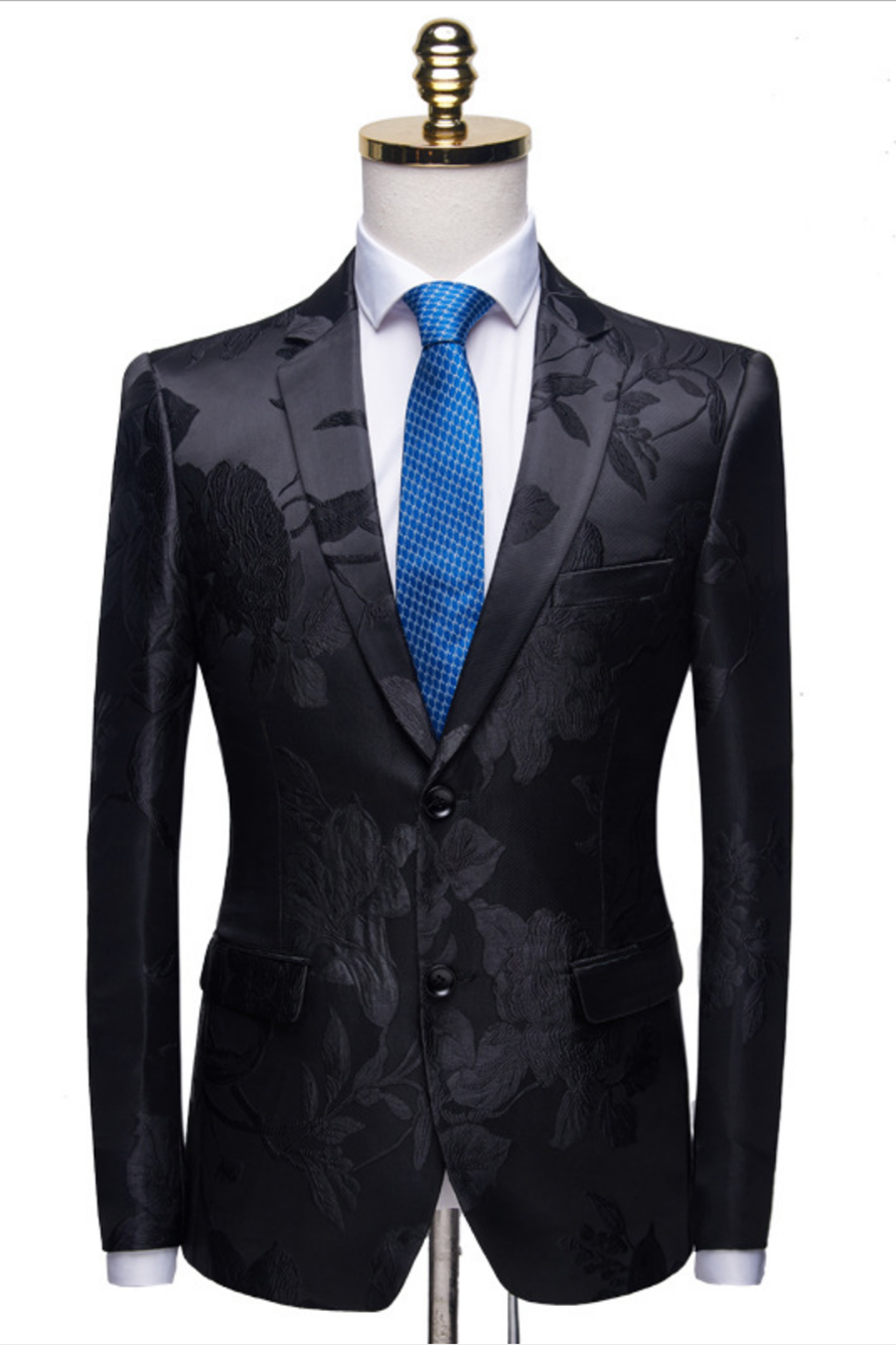 Handsome Black Notched Lapel Two Button Floral Jacquard Men's Suit-BallBride