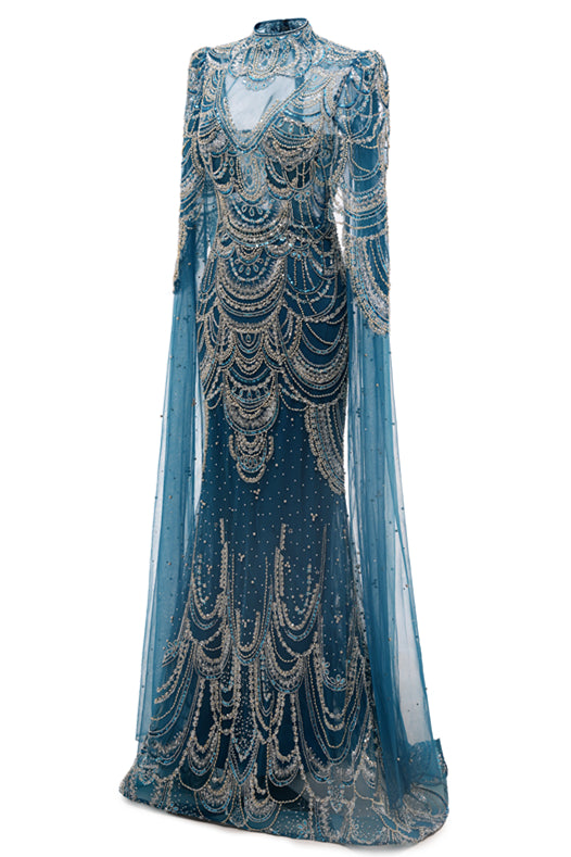 High neck Ink Blue Long sleeves Beaded Mermaid Evening Dresses-BallBride
